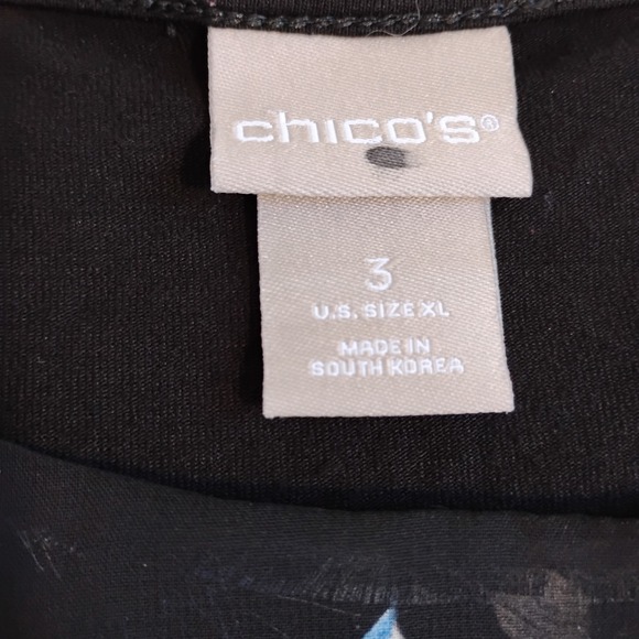 Chico's Black Blue Floral Asymmetrical Hem Tunic Top Long Sleeve Size 3 XL Layer - Picture 6 of 8